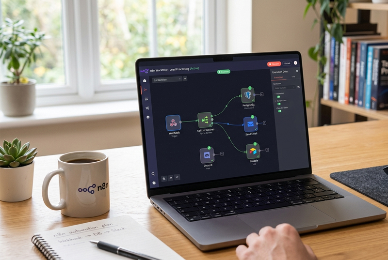 Interface n8n sur ordinateur portable pour illustrer l'automatisation IA