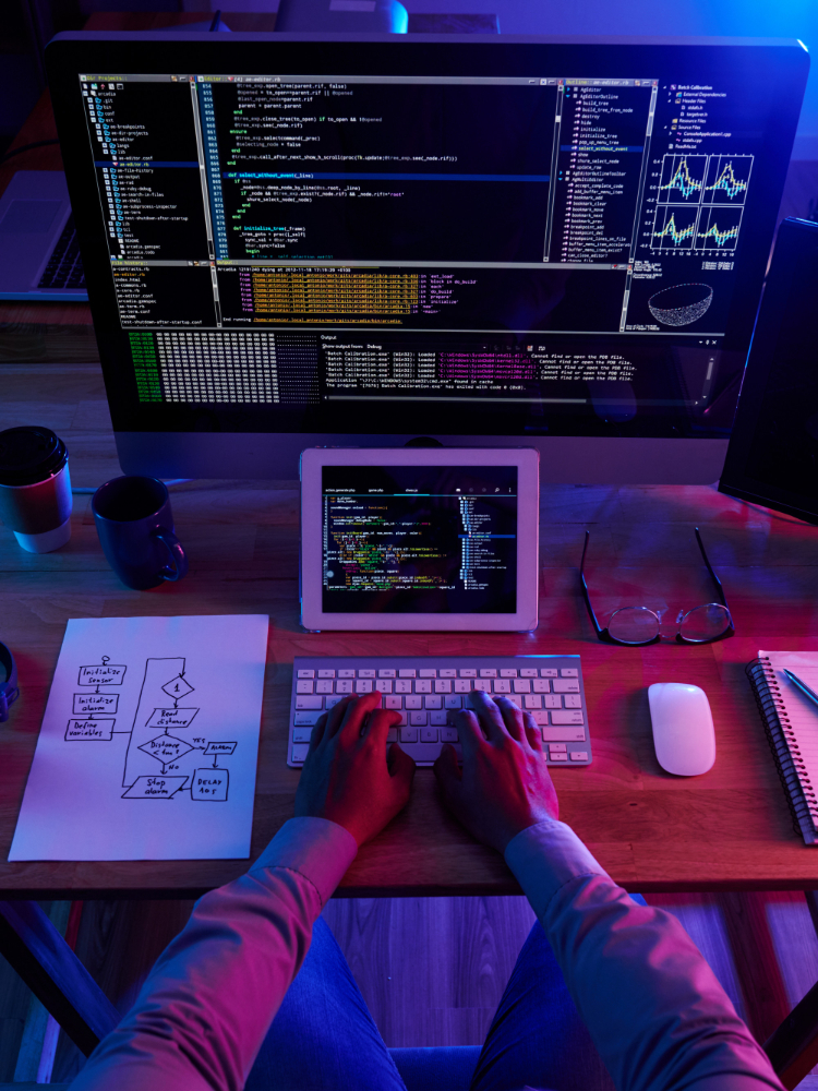 Poste de developpement avec code et dashboards pour illustrer un site web performant
